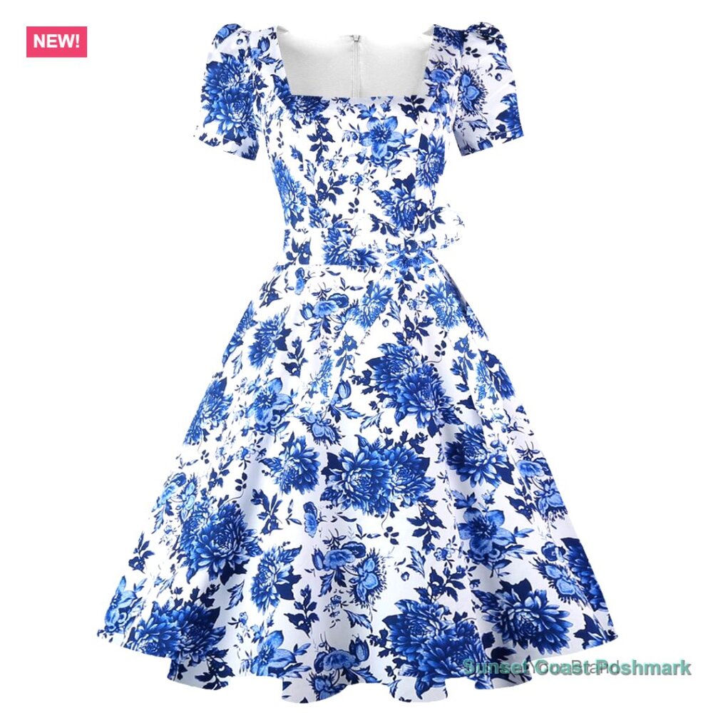 Retro Floral Fit & Flare Cotton Dress with Puff Sleeves Blue White Spring New